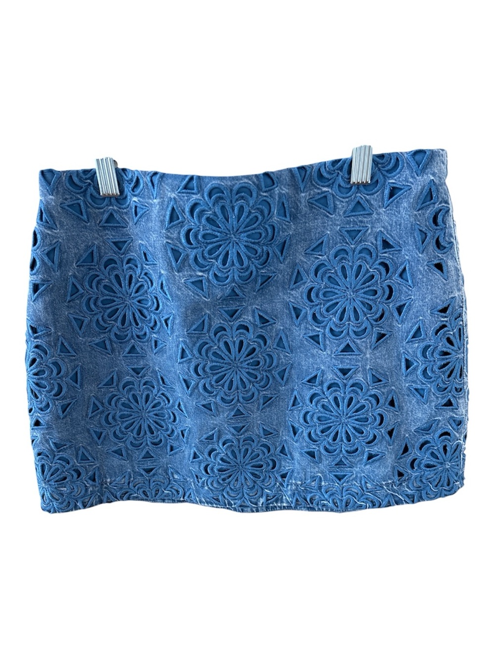 Alice + Olivia Blue Denim Laser-Cut Floral Mini Skirt